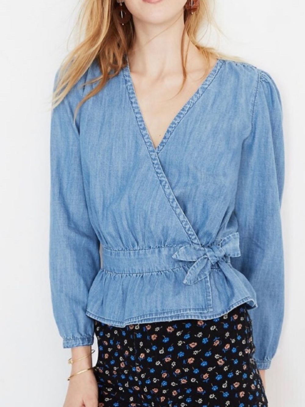 Madewell Denim Puff-Sleeve Peplum Wrap Top